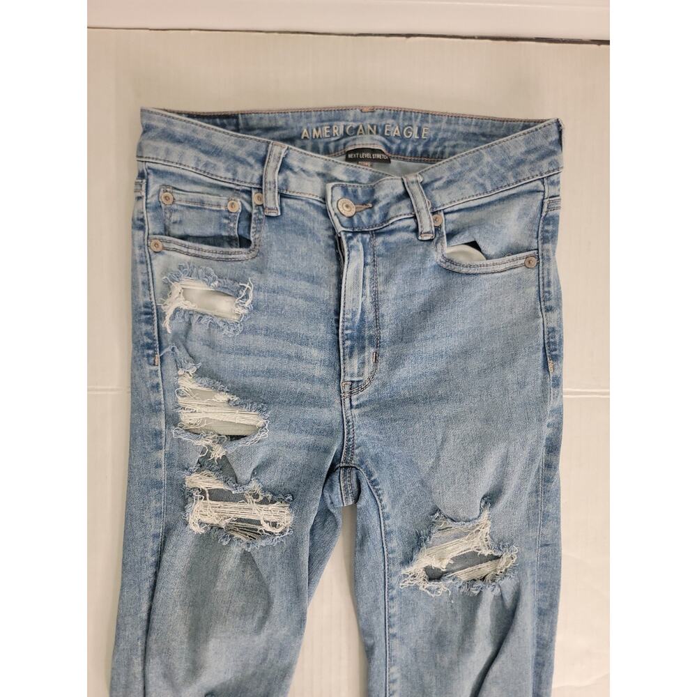 AMERICAN EAGLE Flare Jeans SZ 6 Super High Rise Distressed Cross Waist Y2K 90s - Picture 6 of 11